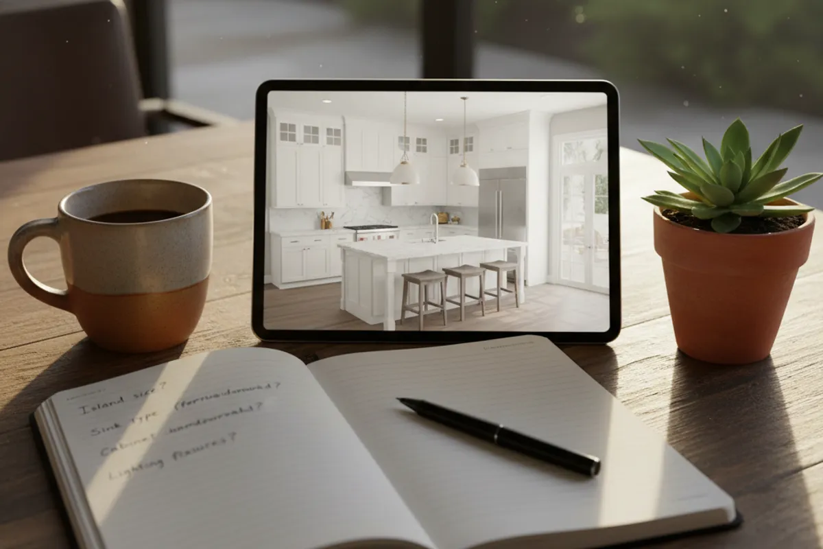A San Diego homeowner sits at a counter with a project manager, going over kitchen remodel plans and material samples.