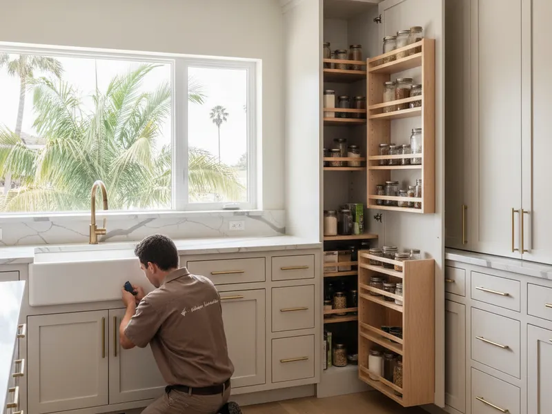A San Diego coastal remodel featuring custom white oak full-overlay cabinets and a built-in pantry