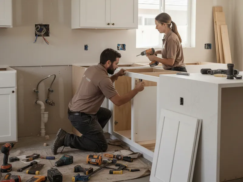 A San Diego full kitchen remodel, shown with quartz counters, a big island and shaker cabinets being put in by the homeowner's independent contractor team