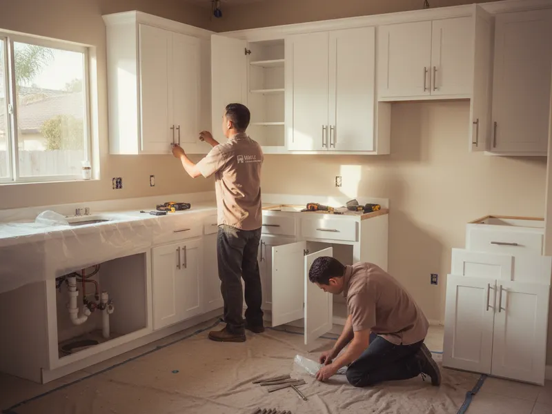 A San Diego tract home's refaced kitchen cabinets, fitted with new shaker doors and drawer fronts