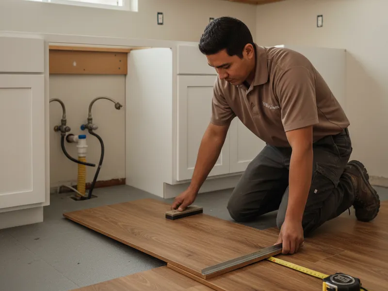 A San Diego kitchen with a wide-plank luxury vinyl plank floor that transitions into the living room