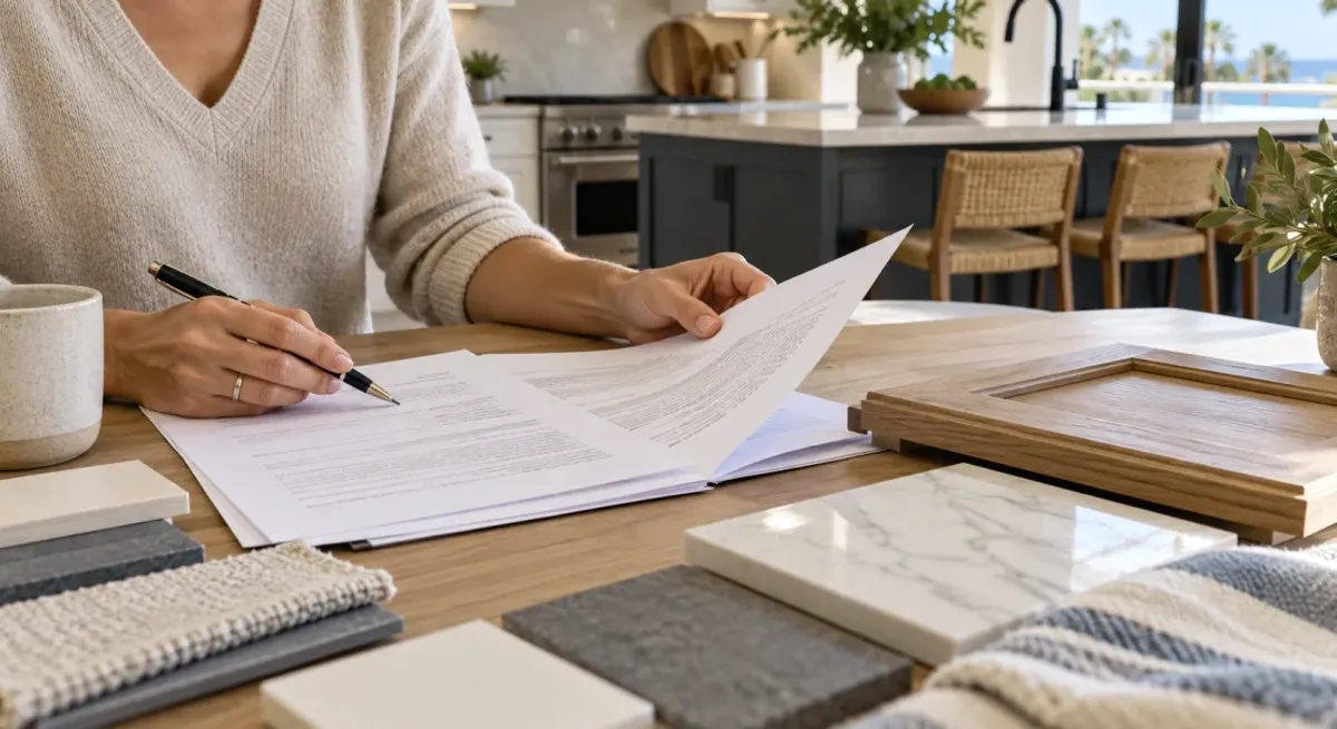 Homeowner reviewing remodeling paperwork and finish samples at a kitchen table