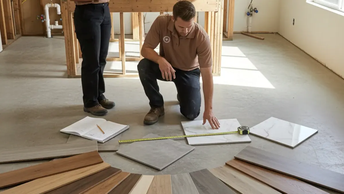A kitchen floor meeting the bottom of cabinet boxes during a remodel