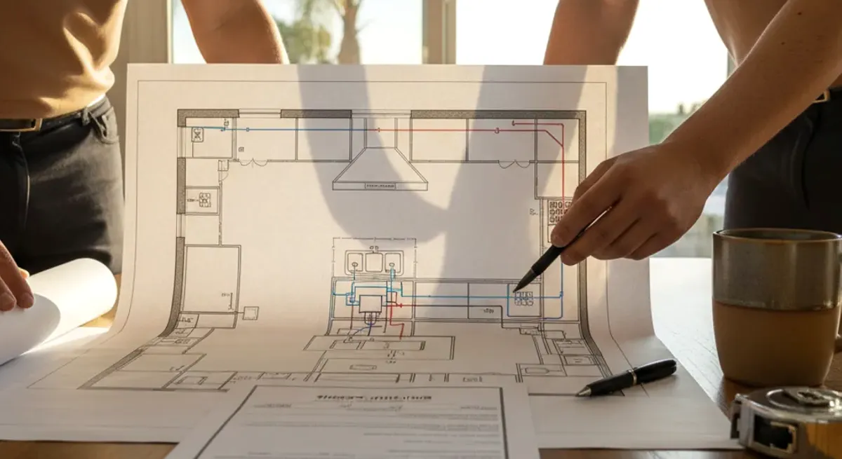 Two people reviewing a kitchen plan with plumbing and electrical lines marked on the drawing
