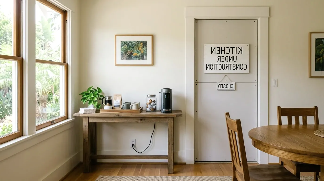 A kitchen partly demolished with the doorway closed off by plastic and the rest of the house still in use