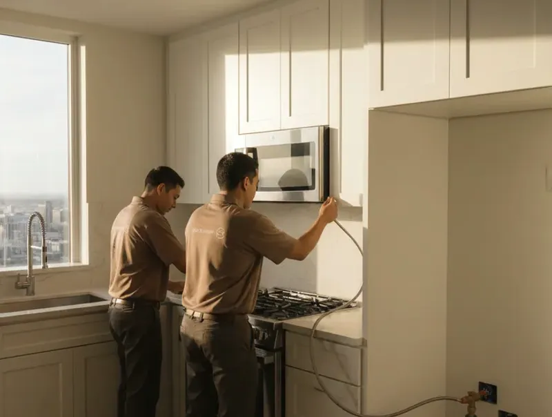 A small rental kitchen with simple cabinets, a single sink, and a clear counter